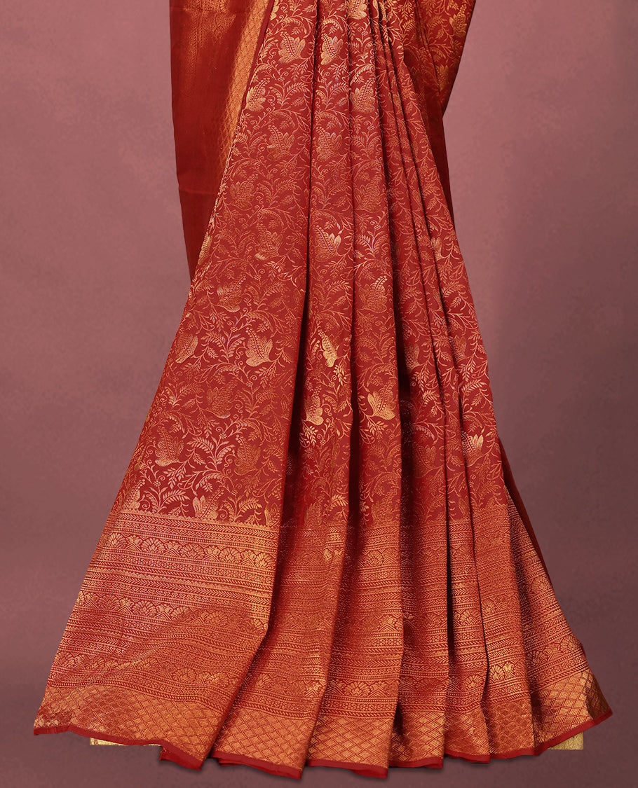 Dark Red Kancheepuram Silk Brocade Saree having Jaal Worked Body with Self Coloured Brocade Border and Blouse