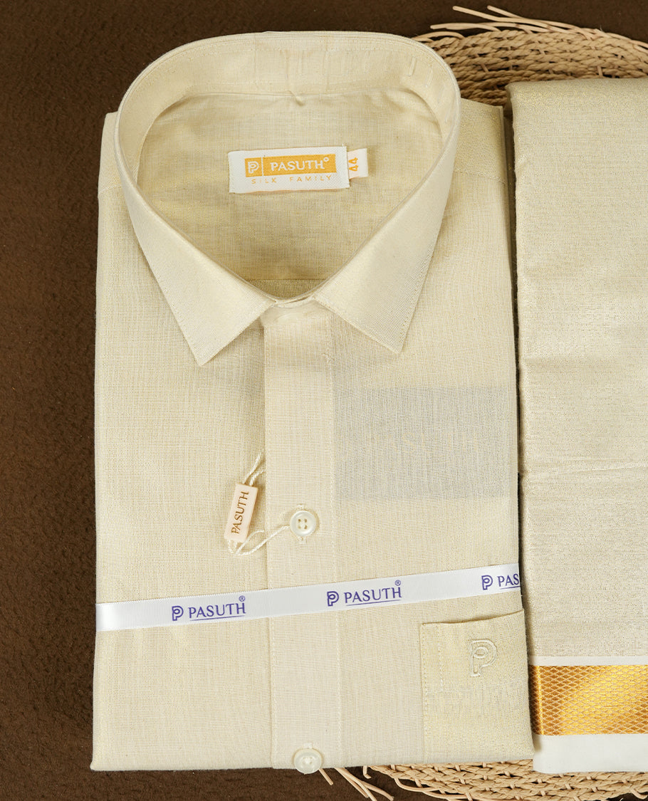 Gold color shirt & dhoti set by PASUTHI with rich zari weave and elegant shin, Ideal for weddings, functions & festives.