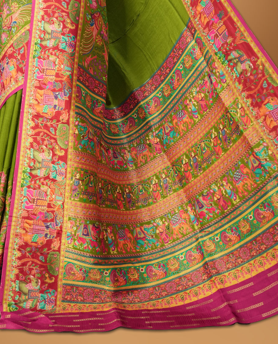 Olive Green Pashmina Silk Saree with Plain Body, Vibrant Multicolor Embroidered Elephant and Floral Design on Contrasting Pink Zari Border & Pallu, Paired with Matching Blouse Piece