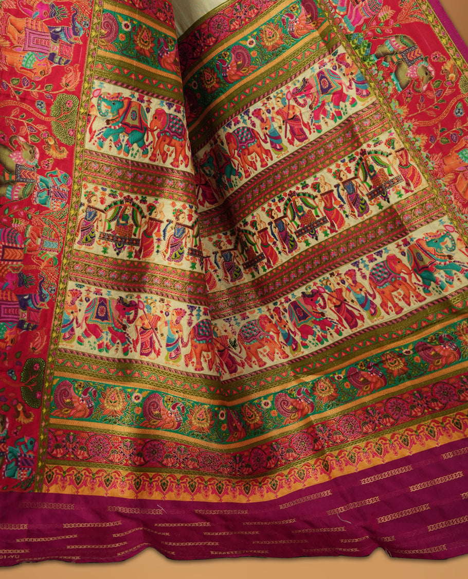 Cream Pashmina Silk Saree with Plain Body, Vibrant Multicolor Embroidered Elephant and Floral Motifs on Contrasting Pink Zari Border & Pallu, Paired with Matching Blouse Piece