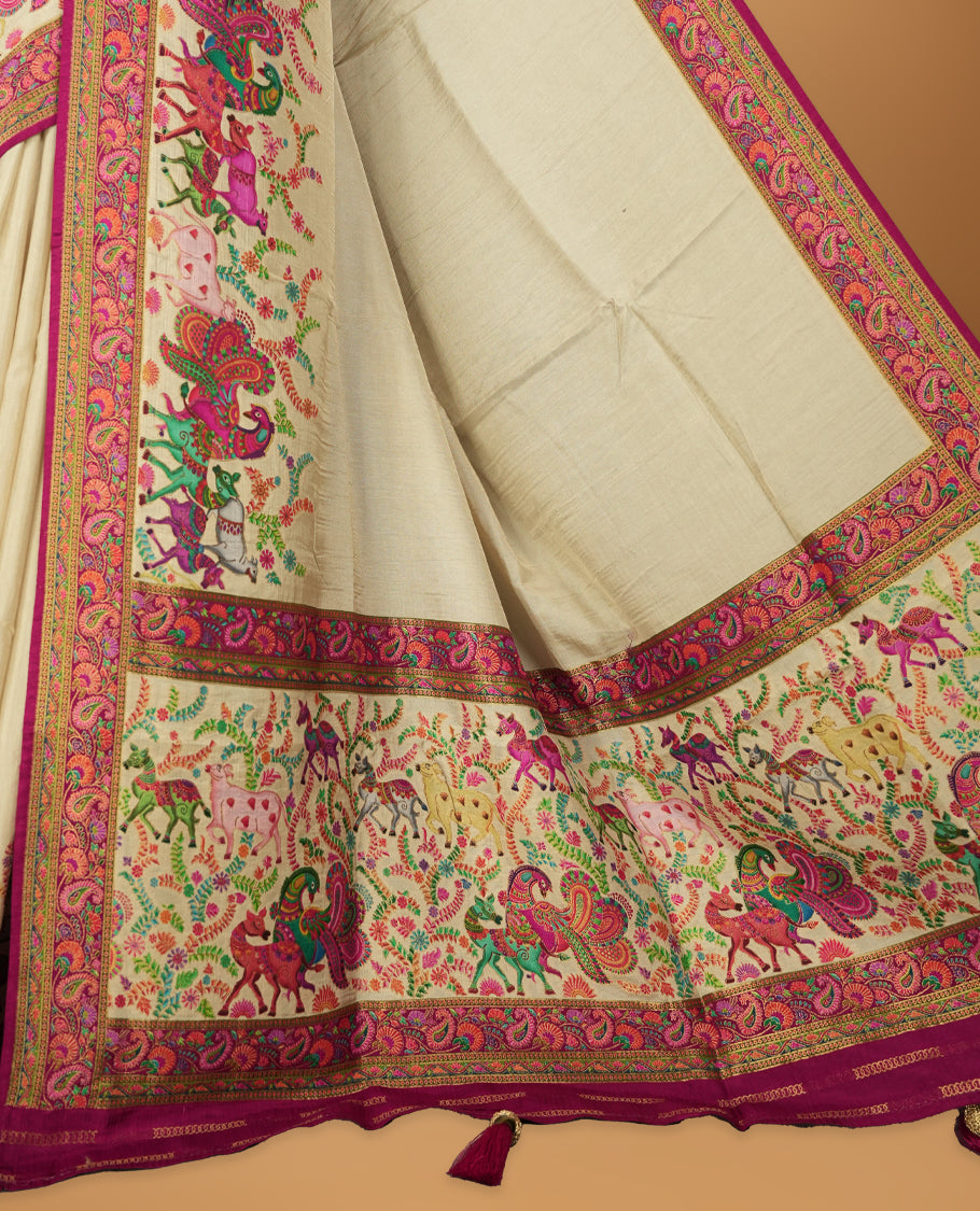 Cream Pashmina Silk Saree with Plain Body, Vibrant Multicolor Embroidered Elephant, Peacock, and Horse Motifs on Pink-Green Zari Border & Grand Pallu, Paired with Matching Blouse Piece