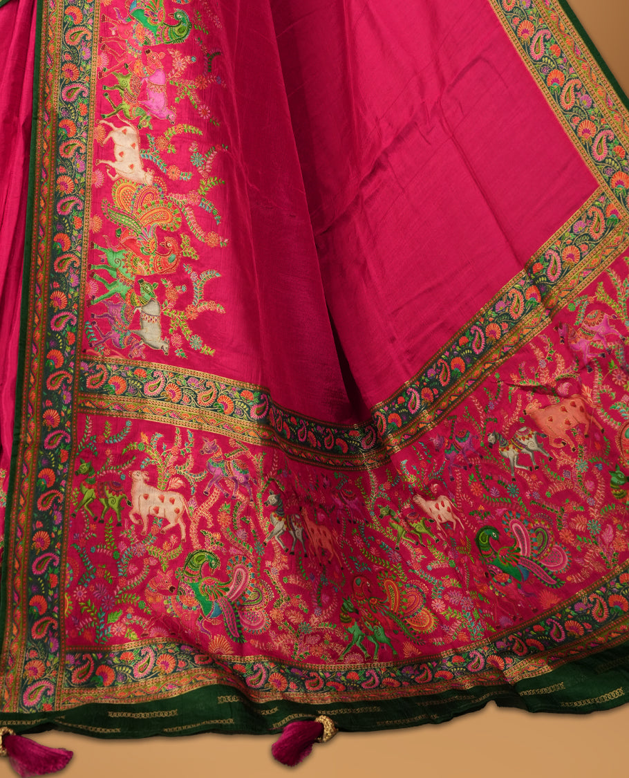 Rani Pink Pashmina Silk Saree with Plain Body, Rich Multicolor Embroidered Elephant and Paisley Motifs on Contrasting Green Zari Border & Pallu, Paired with Matching Blouse Piece