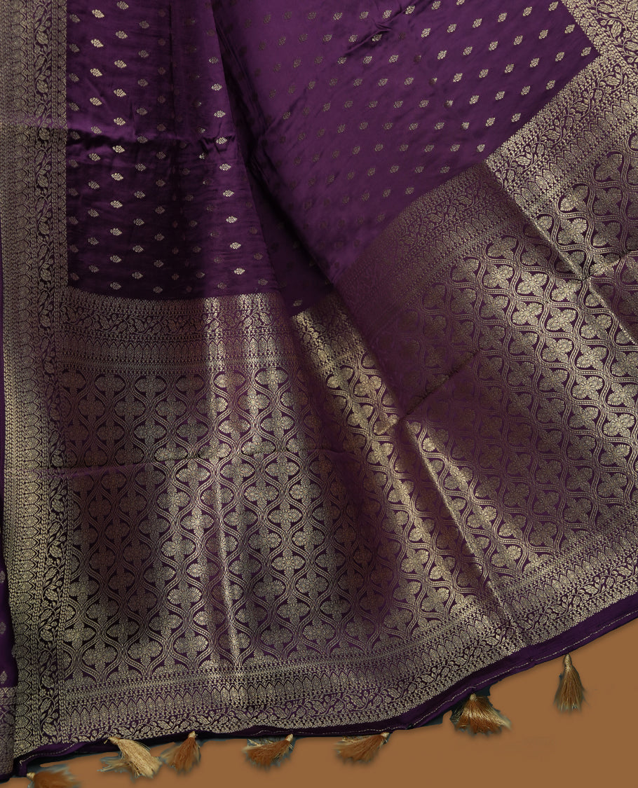 Purple Colour Semi Banaras Satin Crepe Saree with Silver Zari Buti Motifs, Traditional Banarasi Border Design, Woven Pallu with Geometric Patterns, Decorative Tassels, with Matching Blouse
