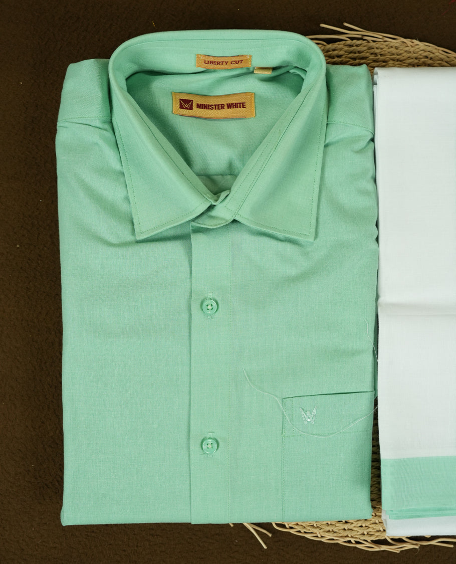 Mint Green Colour traditional men's shirt and dhoti set from Minister White with Liberty Cut collar.