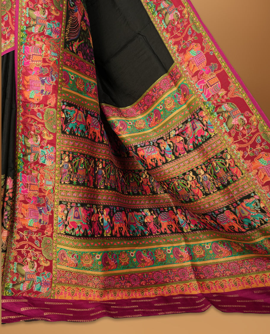 Black Pashmina Silk Saree with Plain Body, Rich Multicolor Embroidered Elephant, Peacock, and Procession Motifs on Vibrant Pink-Green Zari Border & Grand Pallu, Paired with Matching Blouse Piece