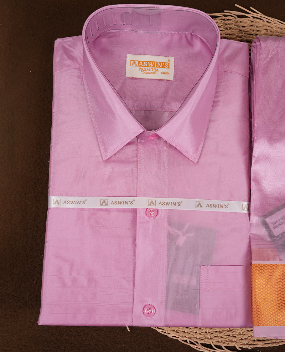 Gazel colour Aswin’s wedding set featuring a refined silk shirt and matching dhoti with gold  zari detailing, crafted for timeless elegance and perfect for traditional weddings and festive occasions.