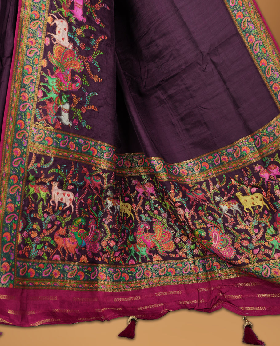 Plum Purple Pashmina Silk Saree with Plain Body, Intricate Multicolor Embroidered Paisley and Floral Motifs on Contrasting Green-Pink Zari Border & Pallu, Paired with Matching Blouse Piece