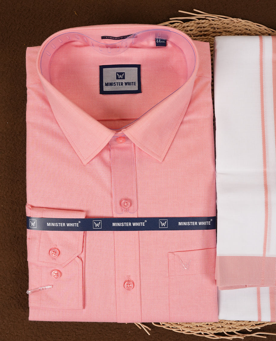 Pink Colour traditional men's shirt and dhoti set from Minister White with Liberty Cut collar.