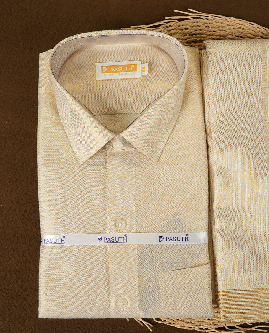 Gold color cross pattern shirt & dhoti set by PASUTHI with rich zari weave and elegant shin, Ideal for weddings, functions & festives.