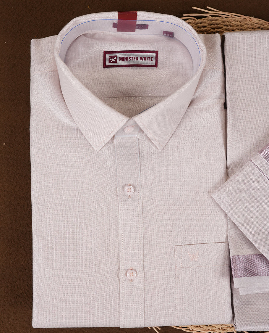 Light Rose colour Minister White traditional men's shirt paired with a matching dhoti with a rose gold border.