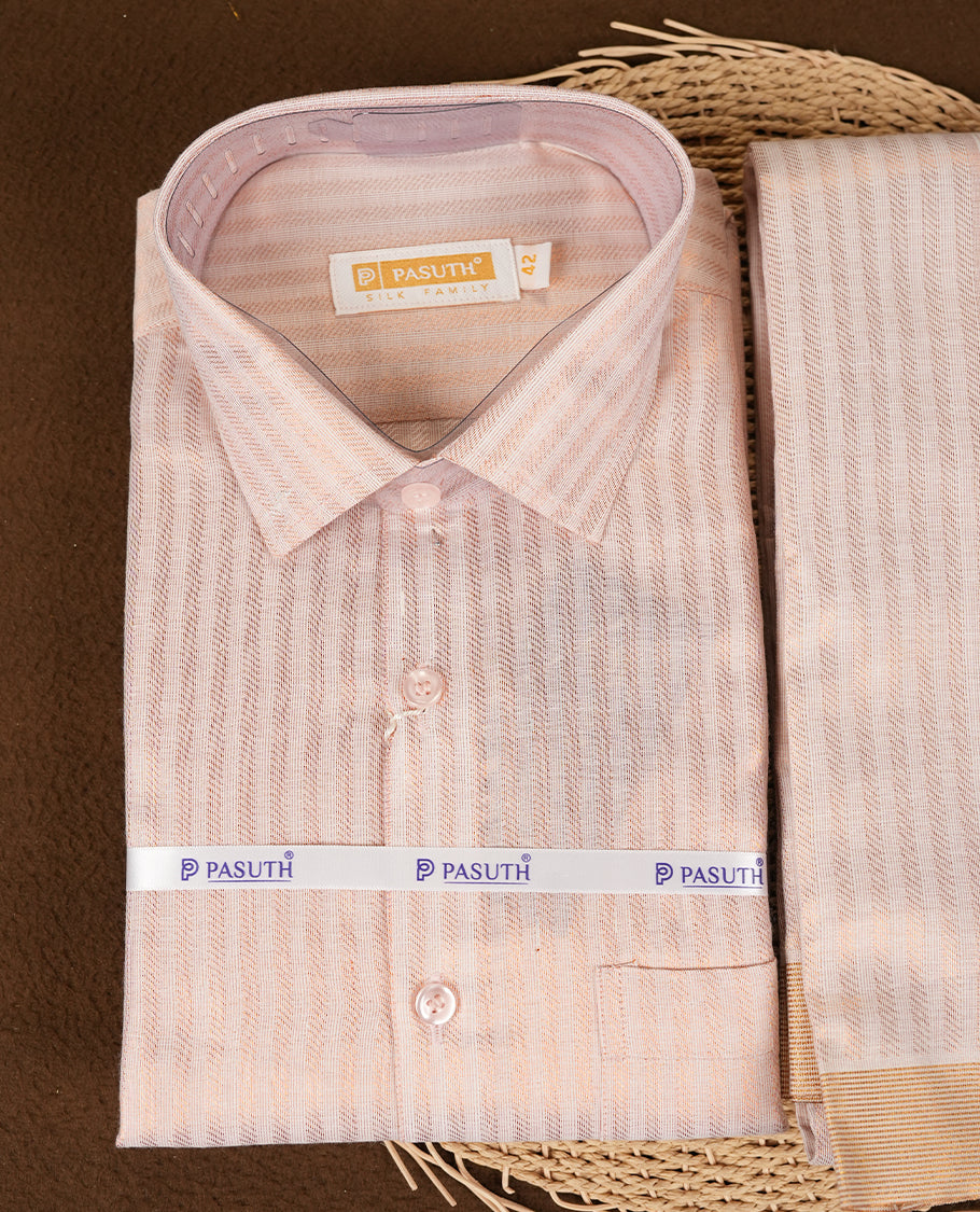 Copper color stripe shirt & dhoti set by PASUTHI with rich zari weave and elegant shin, Ideal for weddings, functions & festives.