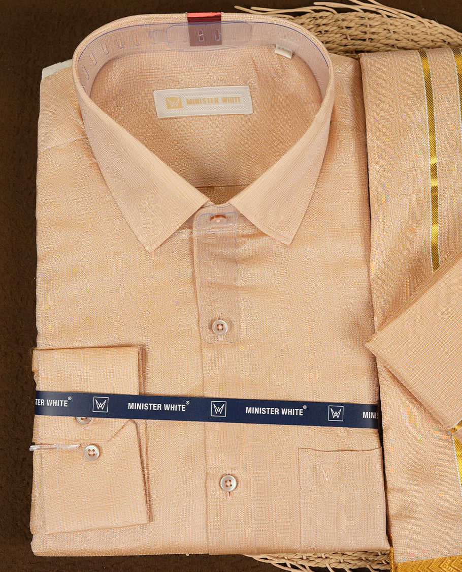 Biscuit Gold coloured silk wedding shirt, dhoti, and towel set from MINISTER WHITE, featuring a gold zari border.