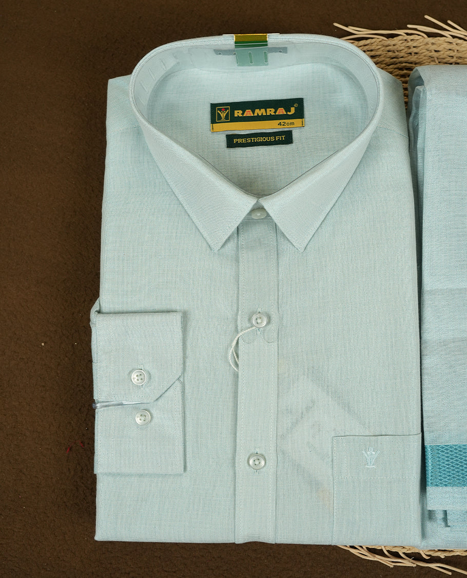 RAMRAJ Cyan Colour shirt paired with a matching dhoti, elegantly finished with a gold border.