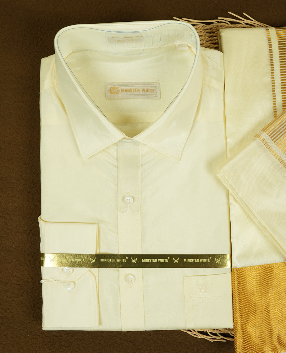 Cream Gold coloured silk wedding shirt, dhoti, and towel set from MINISTER WHITE, featuring a gold zari border.