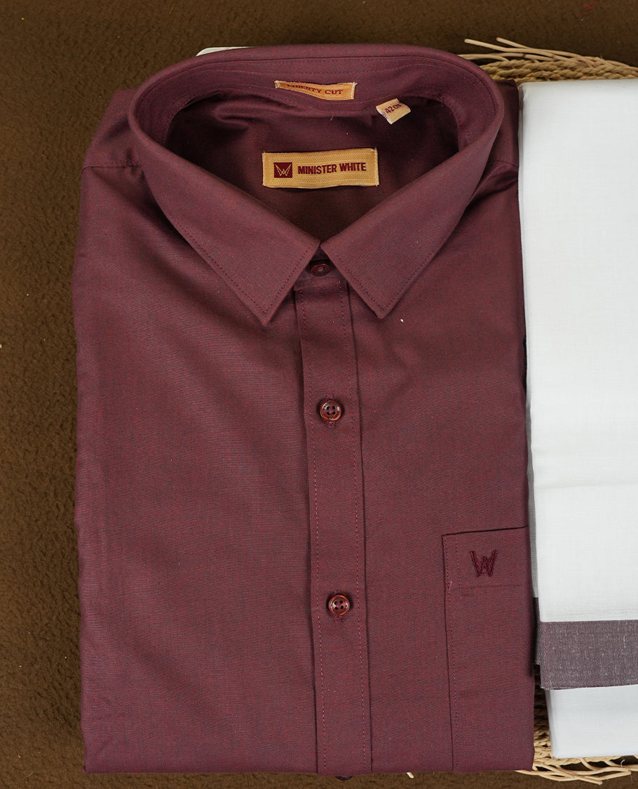 Dark Brown colour traditional men's shirt and dhoti set from Minister White with Liberty Cut collar.