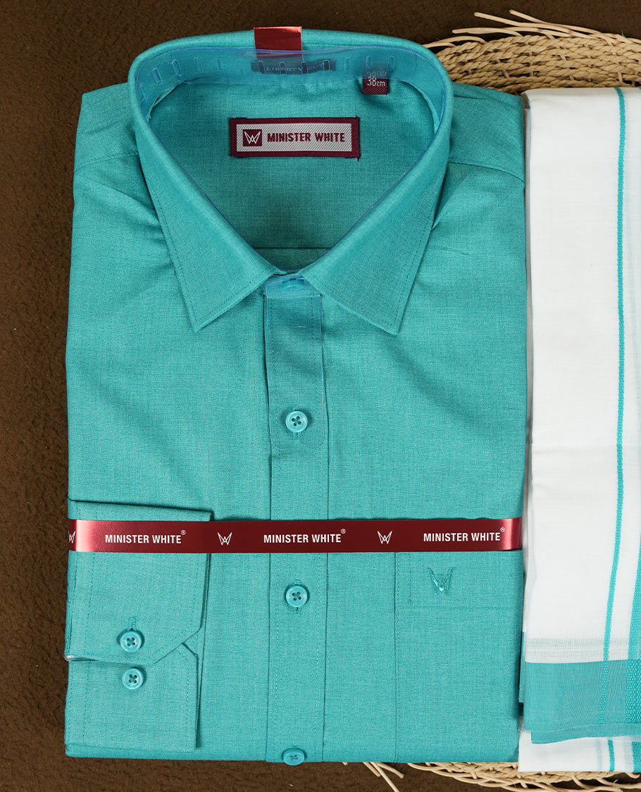 Dark Turquoise colour Minister White traditional men's shirt paired with a matching dhoti with a rose gold border.