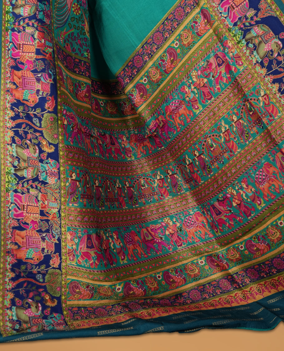 Teal Colour Pashmina Silk Saree with Vibrant Embroidered Elephants, Peacocks, and Floral Motifs, Intricate Zari Border, and Pallu paired with Matching Blouse