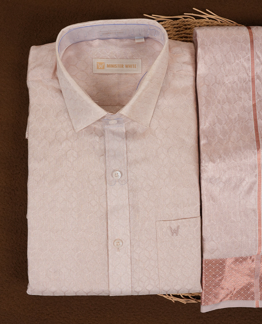 Light Copper colour Minister White traditional men's shirt paired with a matching dhoti with a rose gold border.
