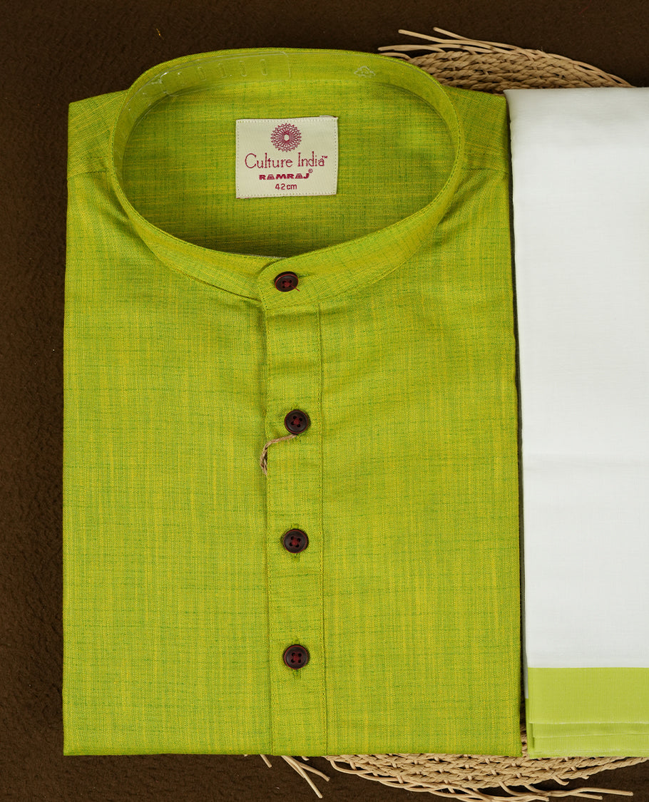 RAMRAJ Fuego Green Colour shirt paired with a matching dhoti, elegantly finished with a fuego green zari border.