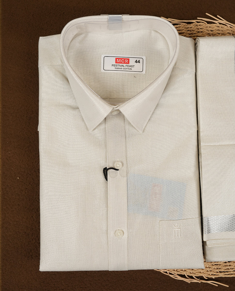 Off-White Tissue Cotton Full Sleeve Shirt with Pure White Dhoti Set Featuring Rich Silver Zari Border and Complimentary Perfume