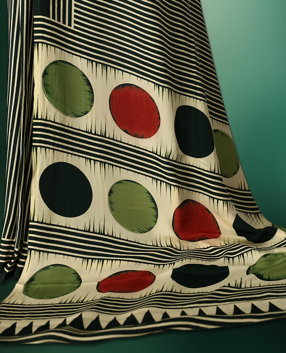 Deep green colour semi modal silk saree featuring elegant cream stripes across the body, complemented by a sleek self colour plain border, and paired with a matching blouse