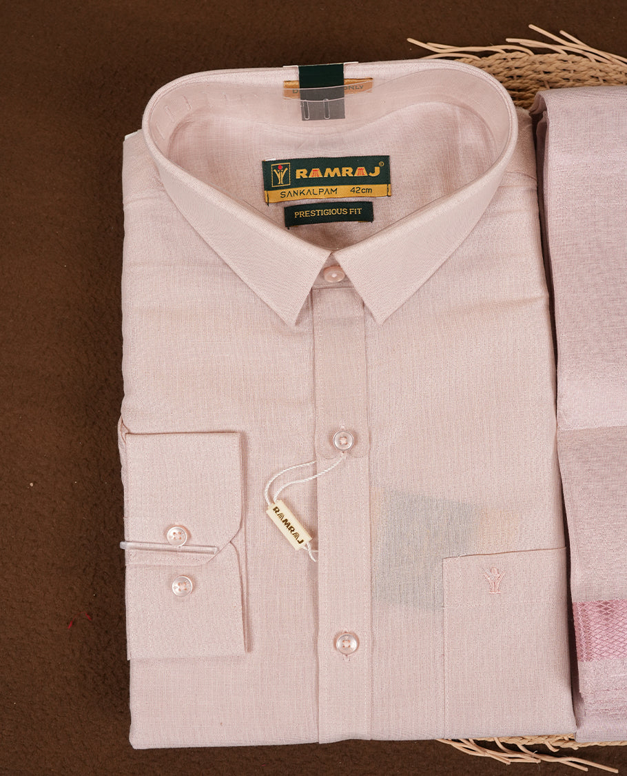 RAMRAJ Rose Gold Colour shirt paired with a matching dhoti, elegantly finished with a Rose gold border.