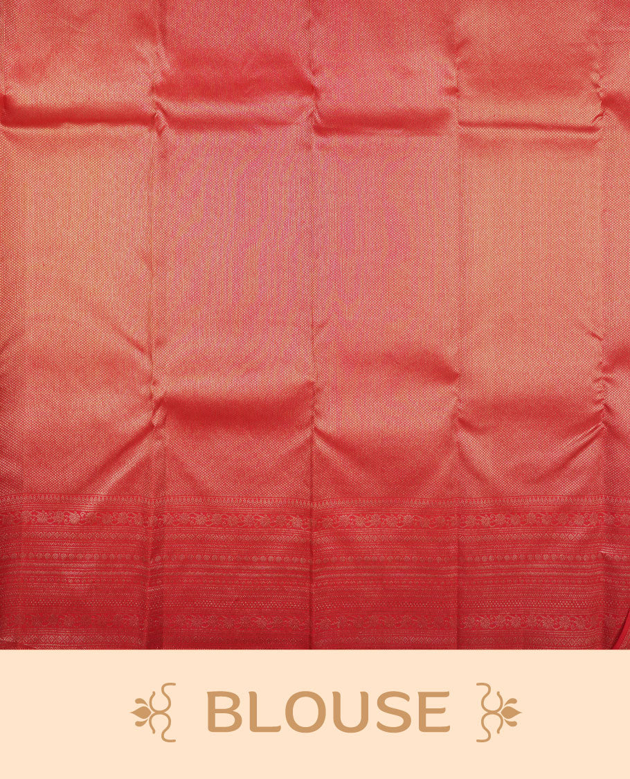 Red rose colour Kanchipuram pattern Manthrakodi saree with antique zari floral design, with brocade design & self zari pallu, elegant zari border, and zari jacquard blouse piece.