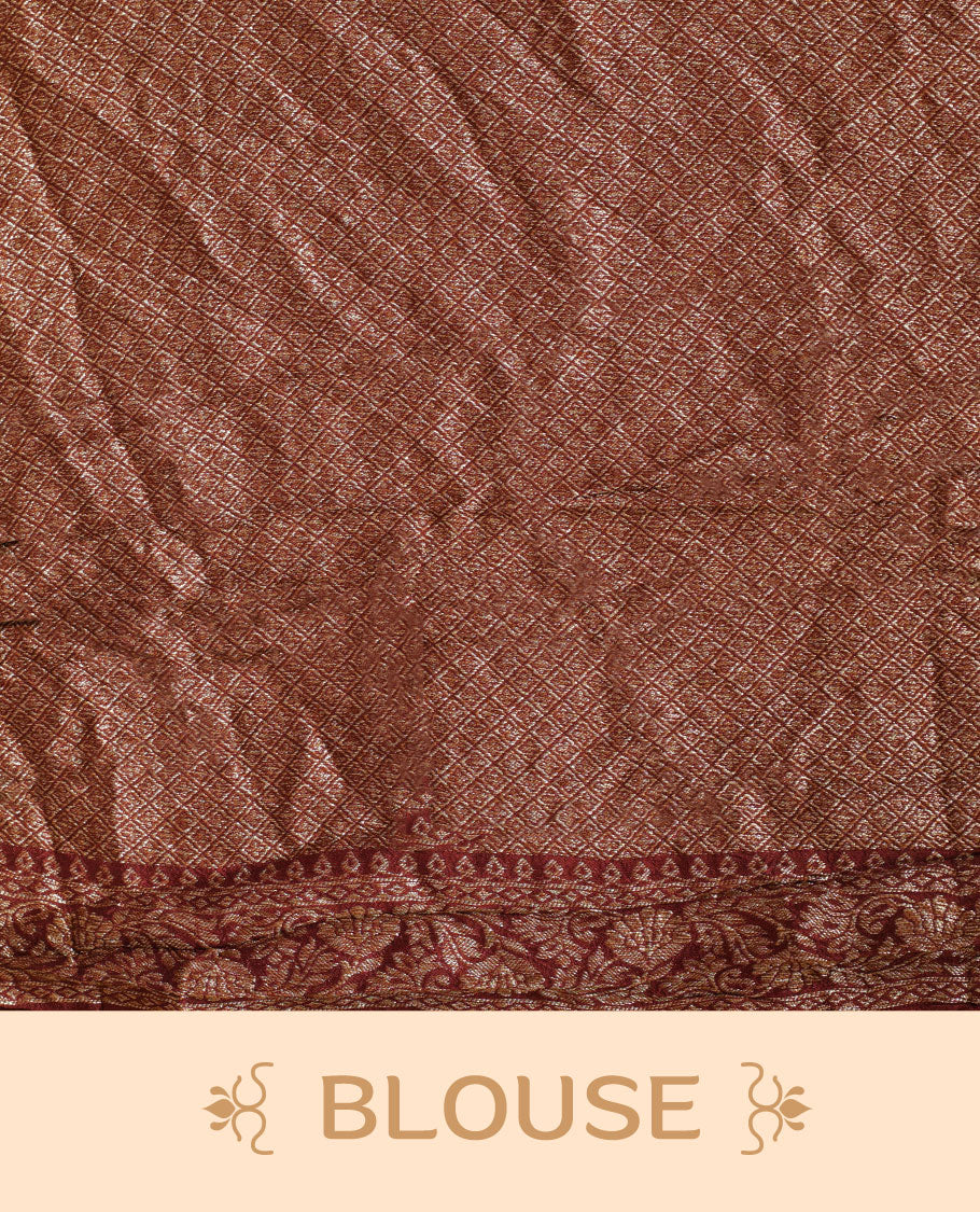 Deep brown colour Banarasi Bandhani silk saree featuring with intricate Banarasi motifs on body, complemented by antique zari woven border and grand pallu, paired with matching  blouse