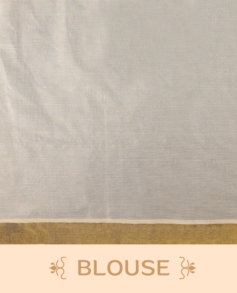 Traditional off white colour cotton Kerala saree with golden zari border and temple motif pallu, Accented with small golden buttas and paired with a matching blouse, Ideal for festive and cultural events.