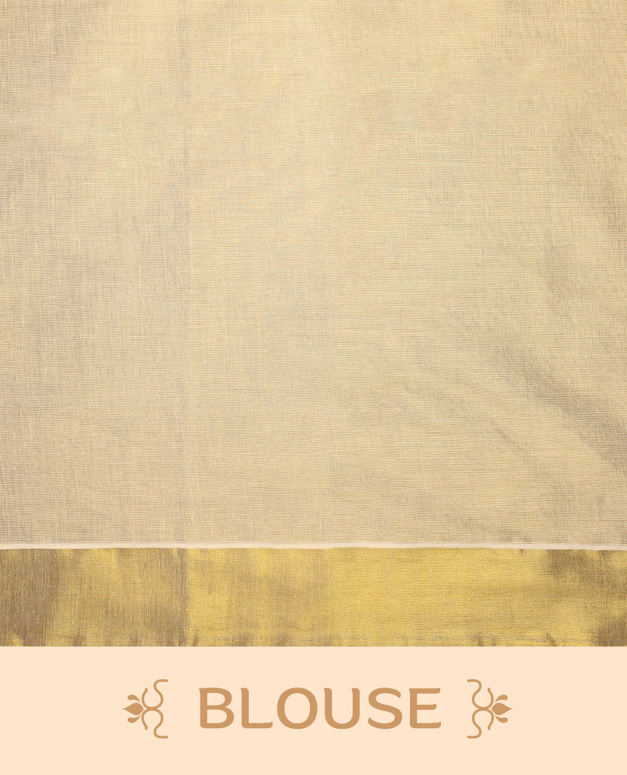 Light Gold colour Tissue Kerala saree featuring Plain body and a beautifully woven Gold Kasavu border with multi  colour Heavy Floral embroidery work, paired with a matching blouse perfect for festive occasions.