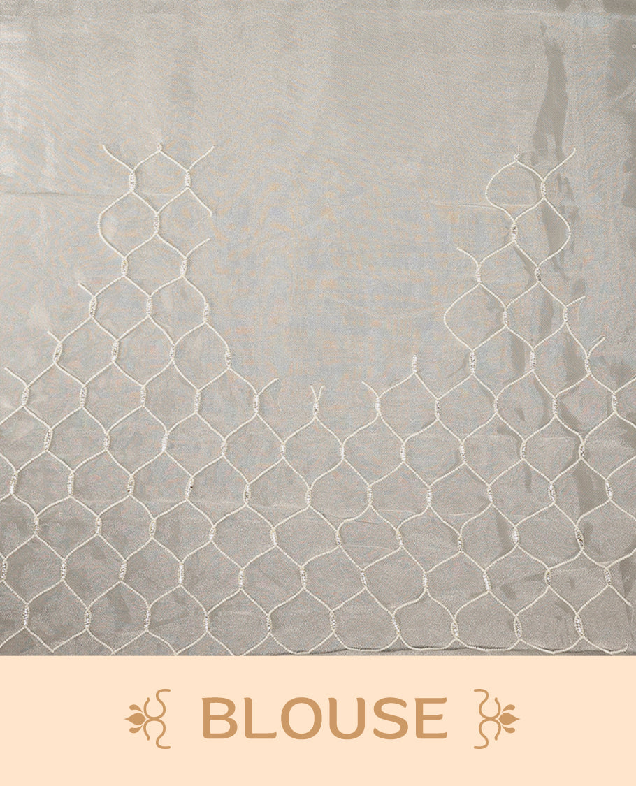 White colour pure organza saree featuring sequin work all over the body, adorned with a heavily embellished border with beads, stones, and sequins, complemented by a worked pallu and paired with a matching embellished blouse