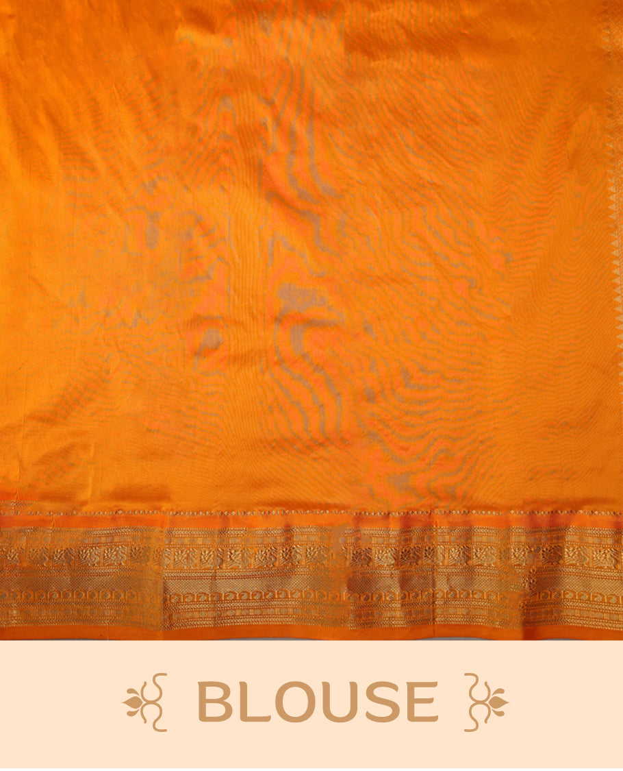 Deep Red colour Traditional Kancheepuram Silk saree with small gold motifs on body, orange colour traditional border with intricate gold zari weaving, grand zari pallu, perfect for Bharatanatyam, with matching blouse.