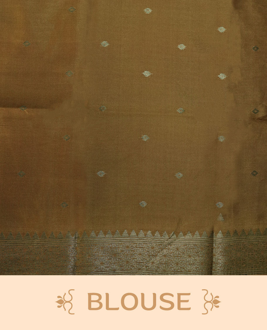 Dark Yellow color semi tussar Banarasi saree featuring vibrant multi-color floral prints across the body, with geometric zari patterns, and a matching blouse detailed with silver woven buttas.