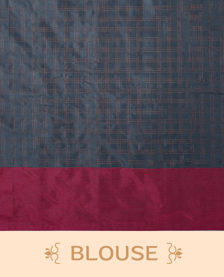Deep Grey Colour semi silk saree features a fine checked body design, complemented by a rich Wine border, and comes with a matching blouse.