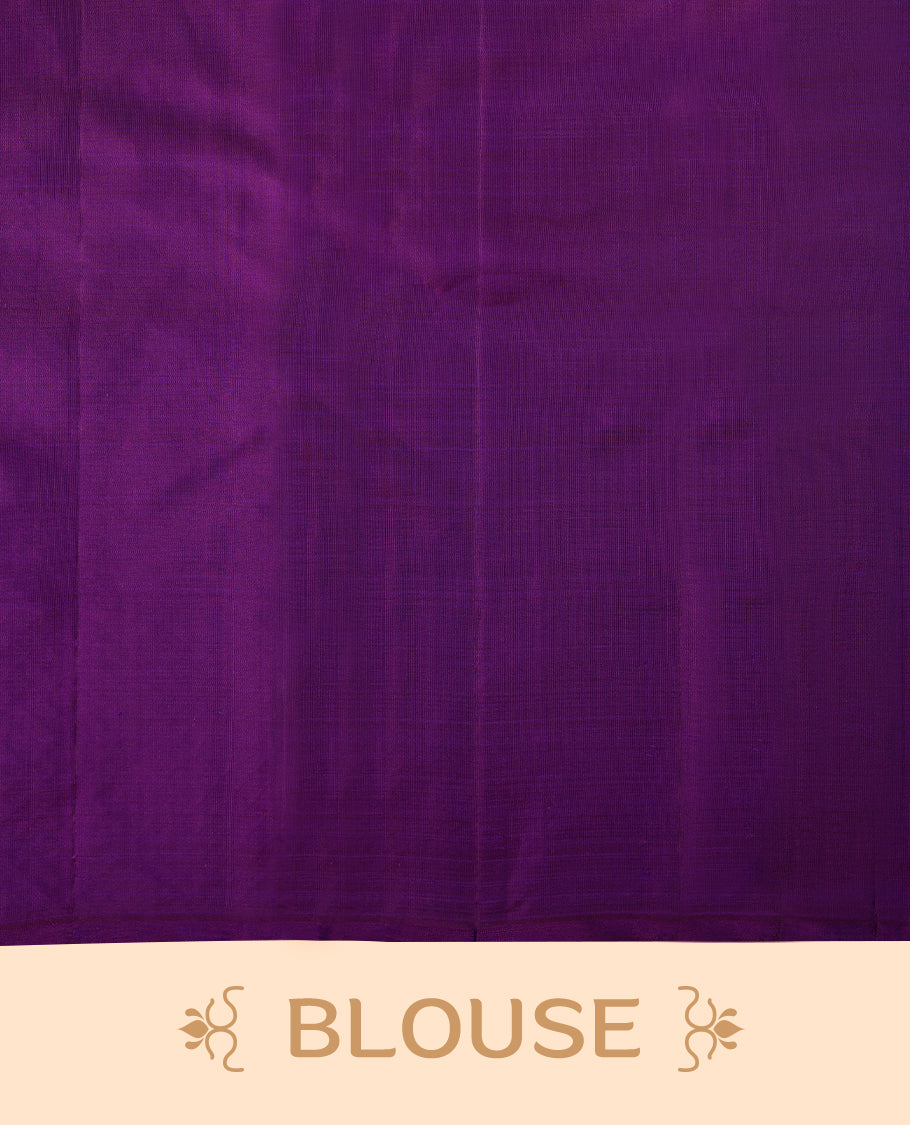 Deep royal purple Colour Kancheepuram designer saree adorned with antique zari large mango motifs, floral kodi work, and vertical gold zari lines on the body, designed without a border, and paired with a matching blouse.