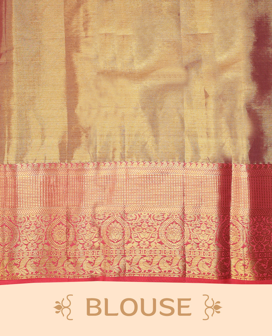 Golden Colour Kancheepuram tissue silk saree featuring intricate silver and pink Zari diamond motifs on the body, beautifully complemented by a contrasting traditional peacock and floral kodi design border, paired with a matching blouse.