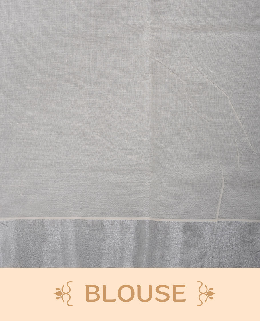 Off-white colour cotton Kerala saree featuring a subtle silver kasavu border, adorned with classic black cirlcle peacock motifs across the body and pallu, and paired with a matching blouse.