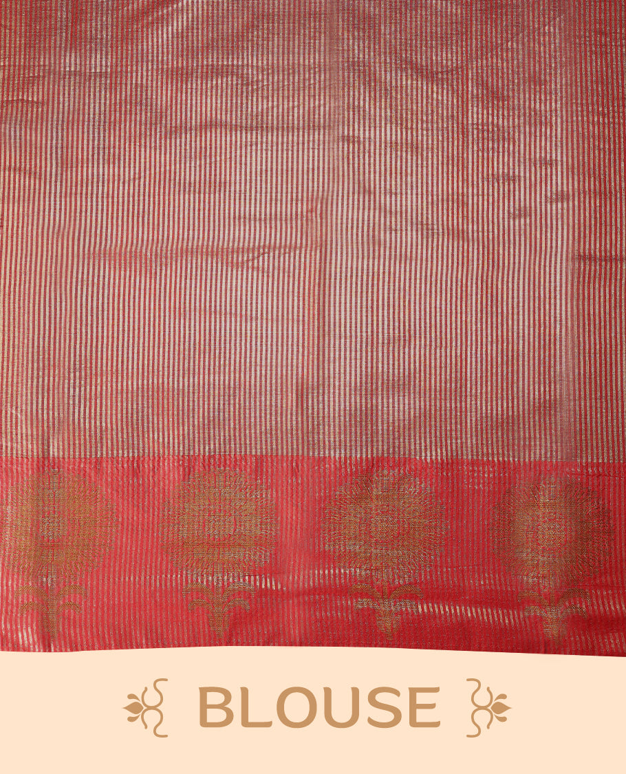 Red Colour Semi Tussar Silk saree featuring golden zari horizontal lines across the body, adorned with bold Floral motifs on the border, paired with a matching blouse.