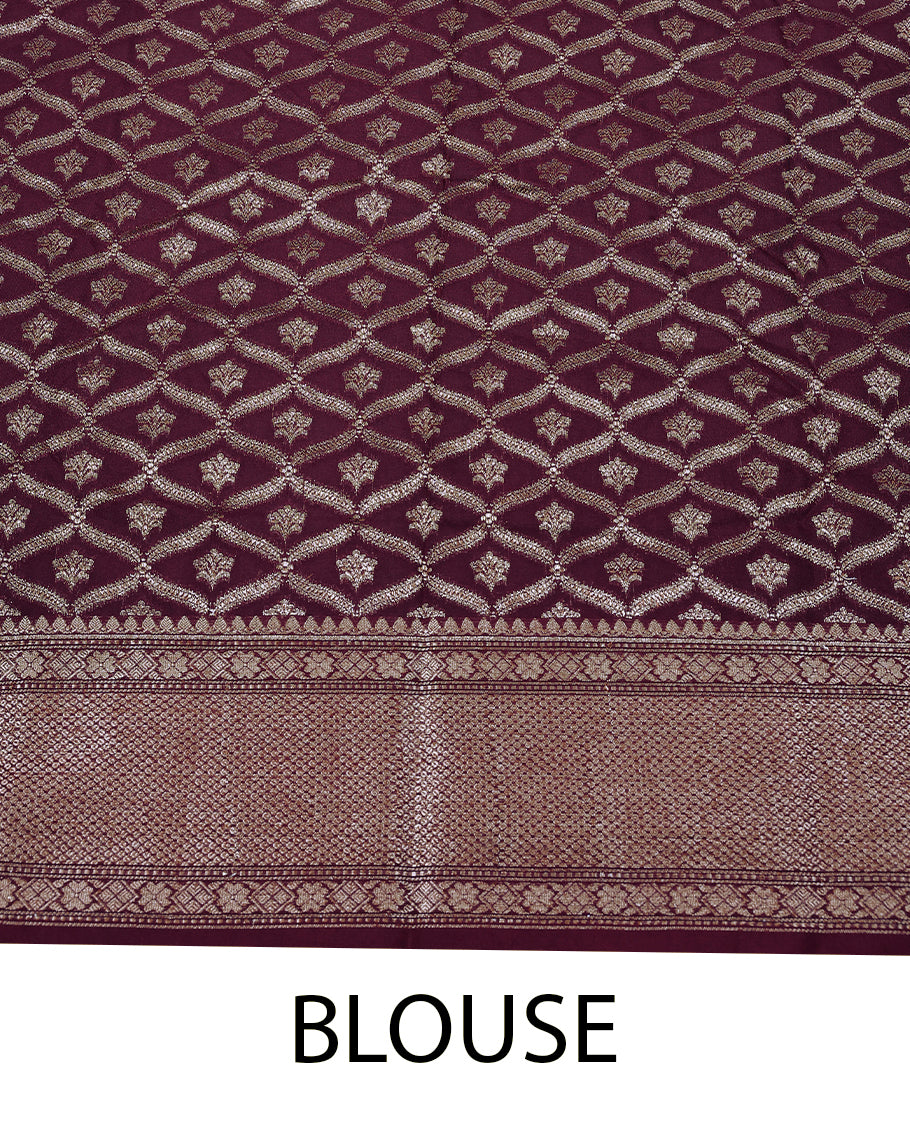 Dark Grape Colour Semi Banaras Georgette Saree having Zari Work in Entire Body with Golden Border and Blouse