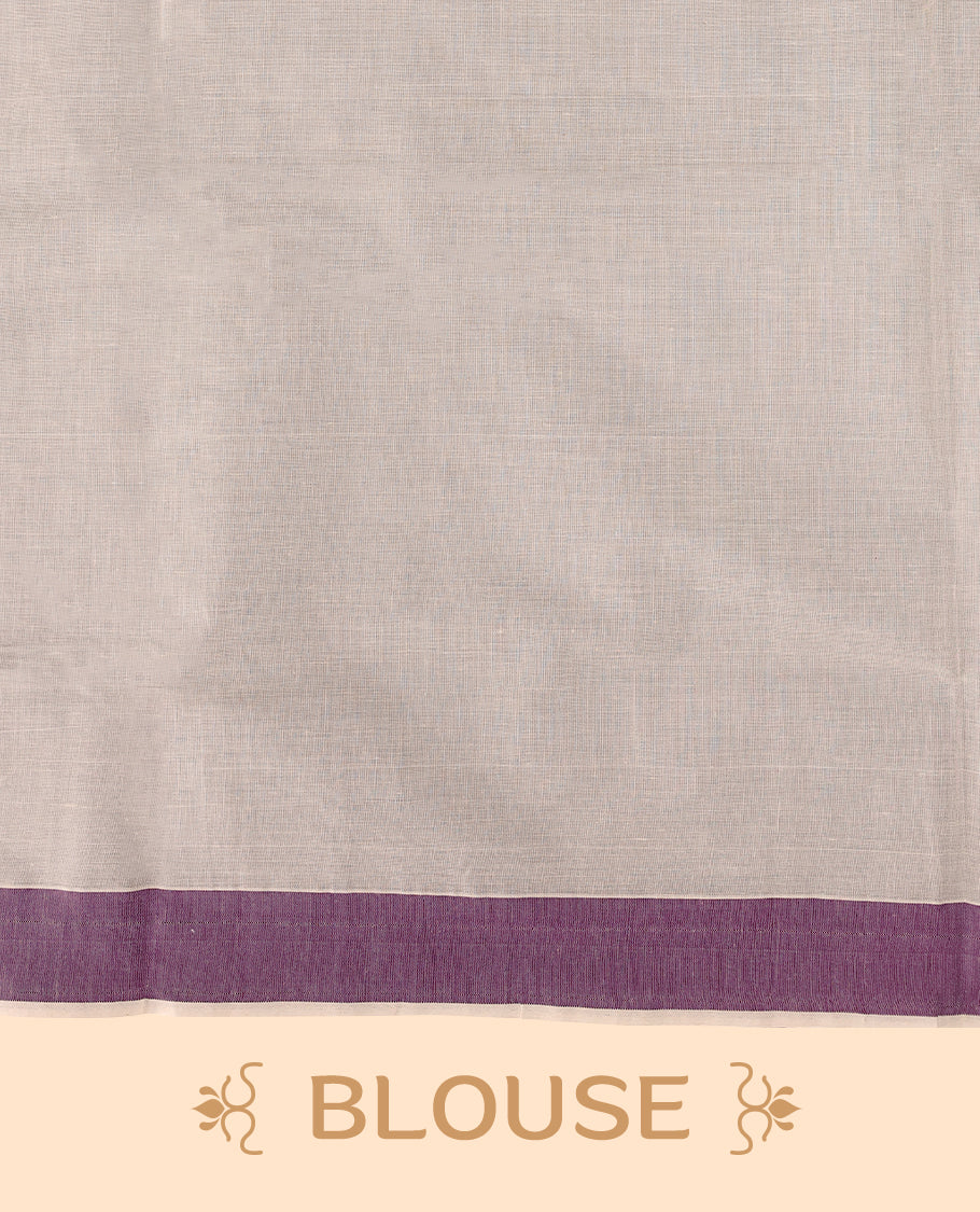 Elegant off white colour cotton Kerala saree featuring Plain body, Purple colour border with Purple colour temple designs, Paired with matching blouse offering a classic and graceful look