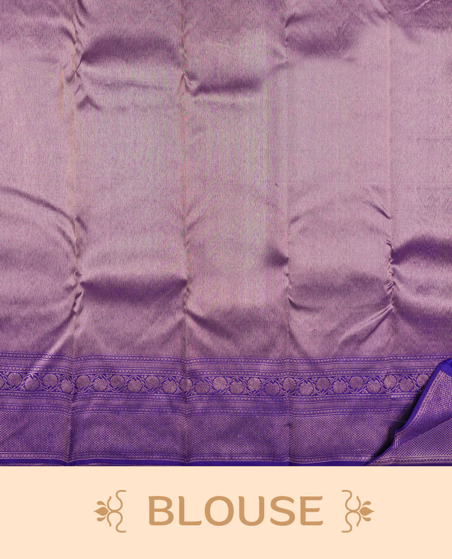 Violet colour Kanchipuram pattern Manthrakodi saree featuring geometrical design antique gold zari jacquard design on the body, traditional turning border, and jacquard zari blouse piece.