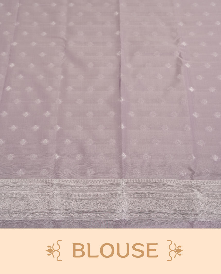 Seafoam Green colour Semi Silk Saree with Allover Subtle Floral Self-Weave on the Body, Contrasting Silver Zari Woven Pallu and Border Featuring Intricate Geometric Motifs and Tassels, Paired with Coordinated Blouse Piece