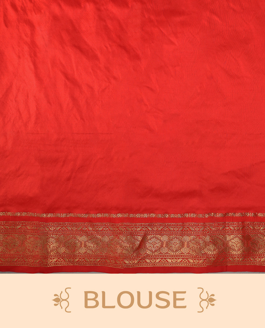 Navy Blue colour Dharmavaram saree with small gold motifs on body, Deep Red traditional border with intricate gold zari weaving, grand zari pallu, perfect for Bharatanatyam, with matching blouse.
