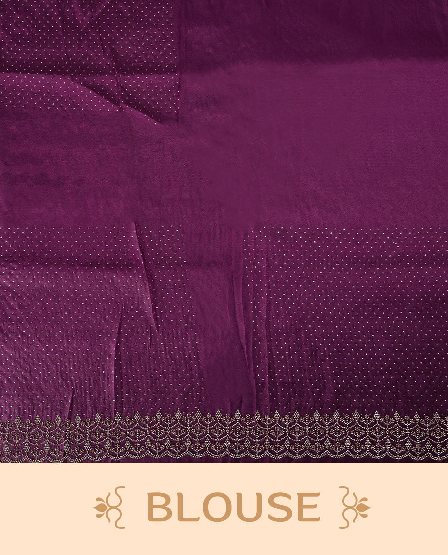 Purple Colour shimmer fancy saree adorned with scattered white stone buttas all over the body, paired with a delicate stone worked border and matching blouse featuring floral vine stone embroidery