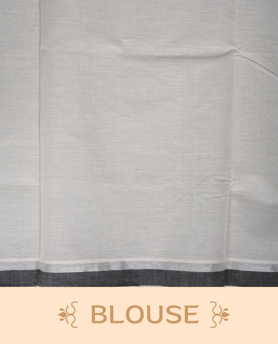 Off-white colour cotton Kerala saree with a subtle silver and black kasavu border, featuring a clean plain body, paired with a matching blouse.