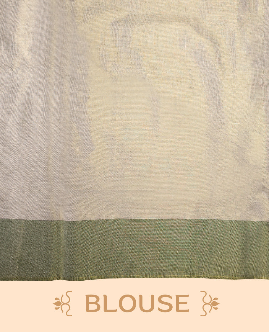 Elegant light gold Colour soft tissue Kerala saree featuring a plain body, muted green zari border, and a striking green woven checkered pallu, paired with a matching blouse.