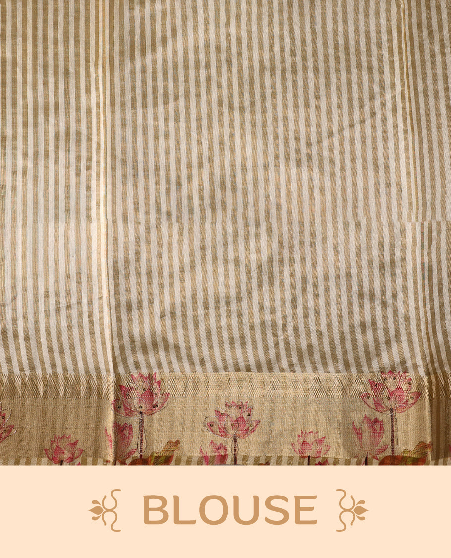 Off white colour Kerala saree crafted in soft tussar, adorned with vibrant pink lotus floral prints with thread and sequence work on the body and pallu, enhanced by a subtle golden zari border, Paired with a matching blouse.
