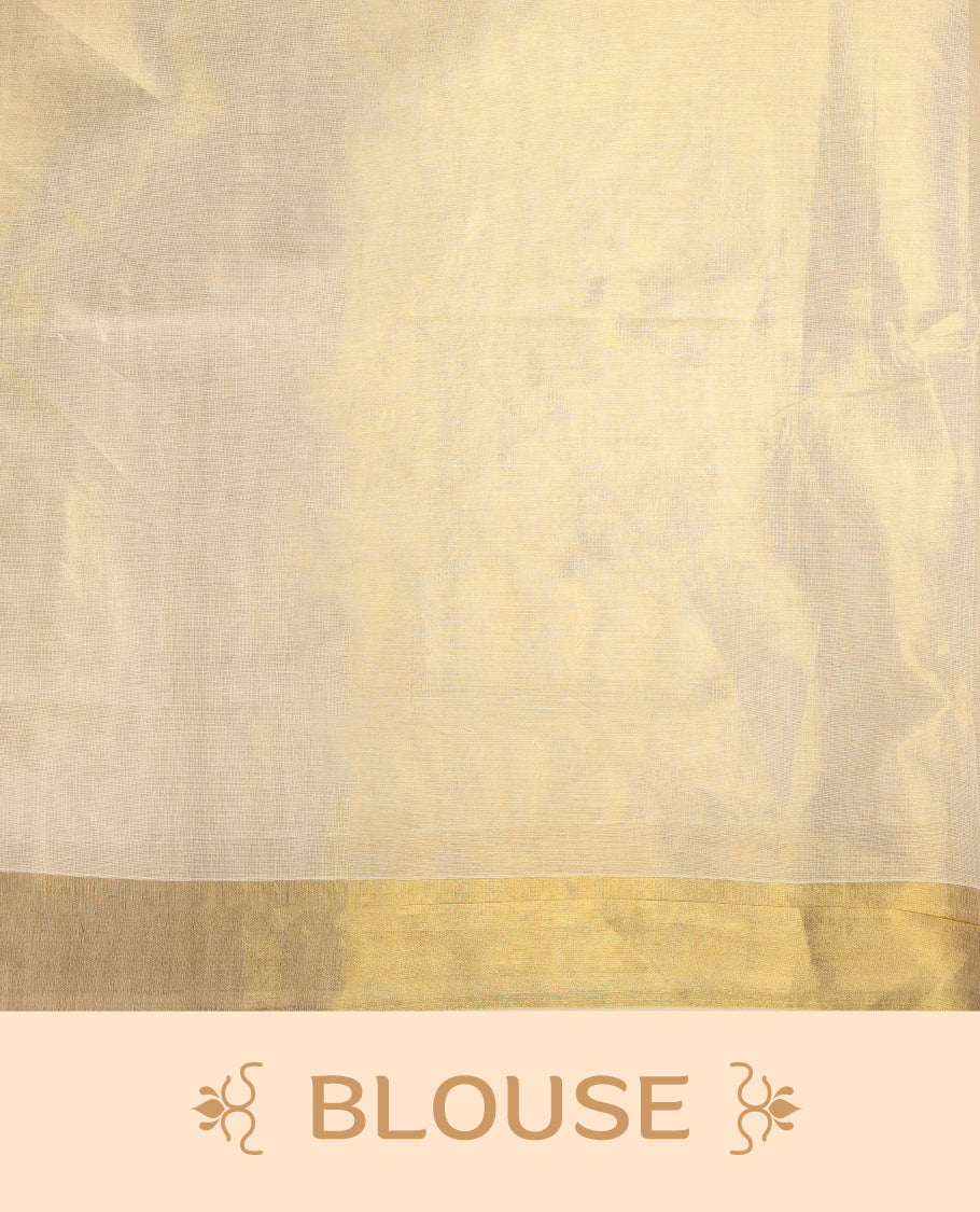 Elegant Light Gold colour Tissue Kerala saree featuring gold zari Leaf motifs on body, traditional golden zari kasavu border with peacock motifs  & Rich Pallu paired with a matching blouse.