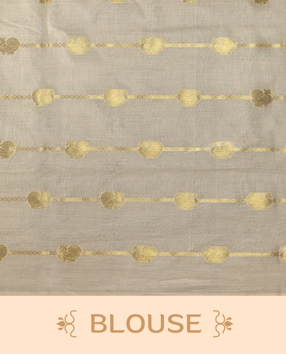 Light Gold colour Tissue Kerala saree featuring Gold zari Stripes with Peacock motifs on body, with Black colour tassels with a matching blouse perfect for festive occasions.