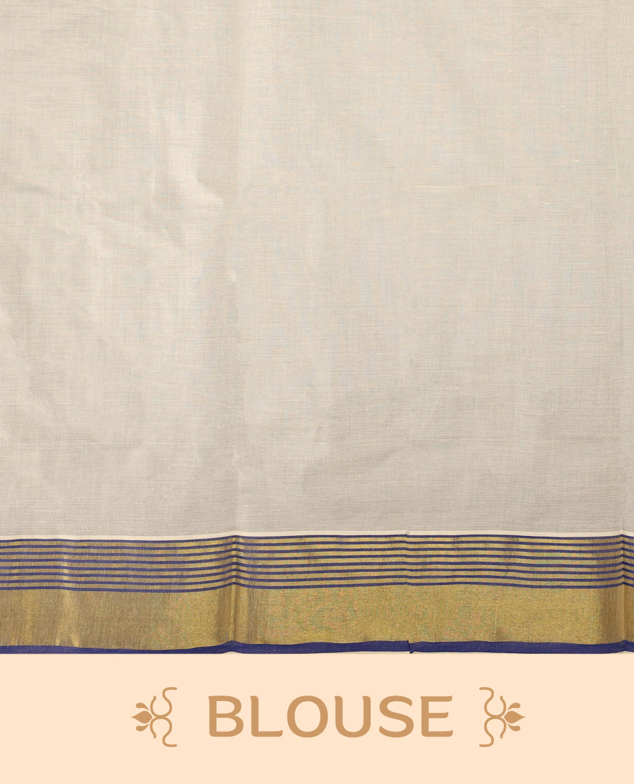 Elegant pure cotton Kerala saree with a cream base, golden zari border, and fine blue stripes & A perfect blend of tradition and simplicity, ideal for festive and cultural occasions and Paired with a matching blouse piece.